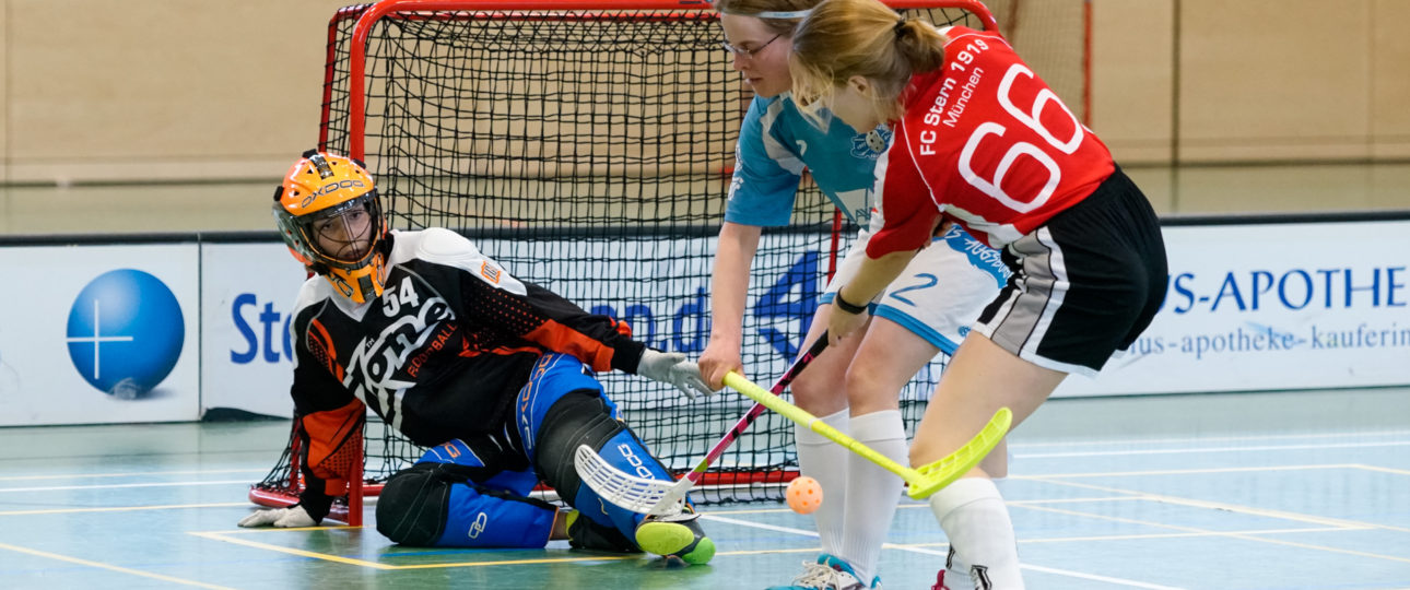 Floorball ist ein torreiches Spiel, hier geht es zwischen den Damen aus Augsburg/Nürnberg und München zur Sache. Doch welche Torgröße ist für die jüngeren Altersklassen die richtige? (Quelle: Finkenzeller)